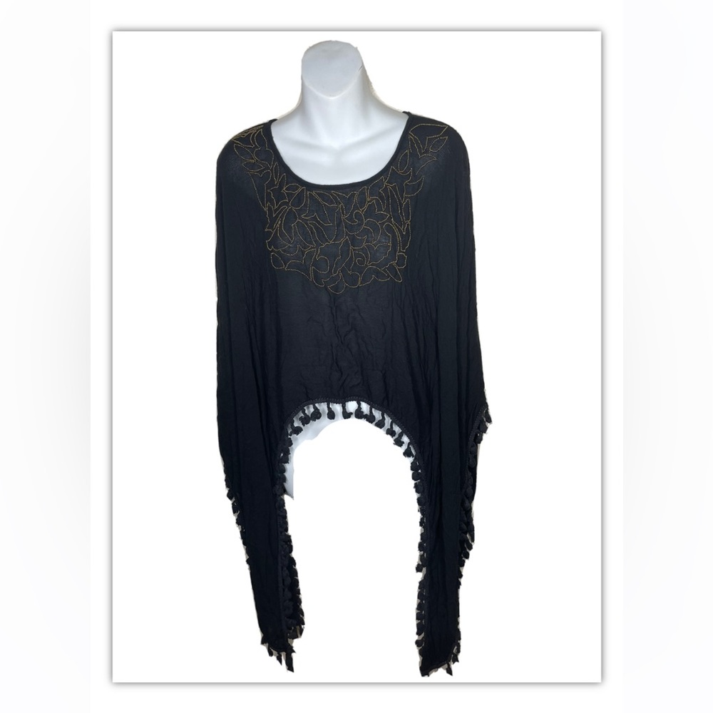 RAGA TASSELED Beaded Black Size Med poncho top Anthropologie